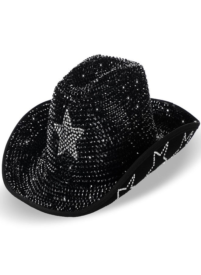Tisancy Vintage Rhinestones Hat Glitter Western Cowboy Hat Wide Brim Cowgirl Hat for Cosplay Disco Parties and Costumes (Black and Silver Star) - Image 1