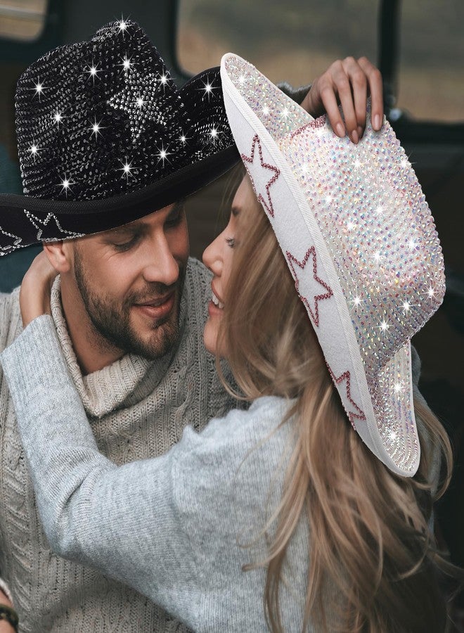 Tisancy Vintage Rhinestones Hat Glitter Western Cowboy Hat Wide Brim Cowgirl Hat for Cosplay Disco Parties and Costumes (Black and Silver Star) - Image 5