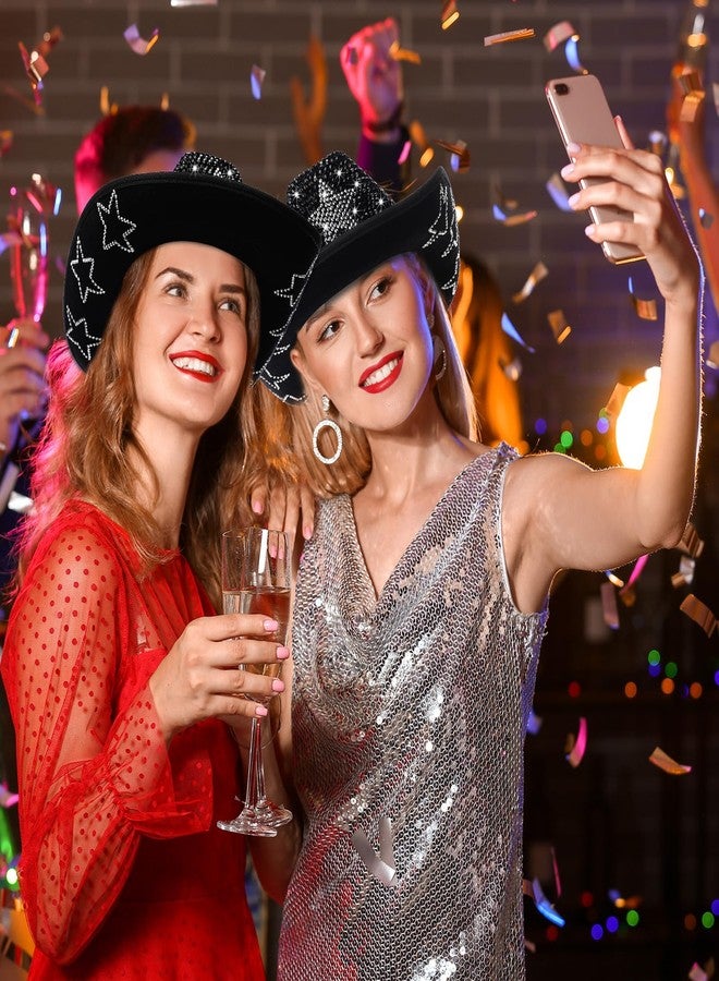 Tisancy Vintage Rhinestones Hat Glitter Western Cowboy Hat Wide Brim Cowgirl Hat for Cosplay Disco Parties and Costumes (Black and Silver Star) - Image 3