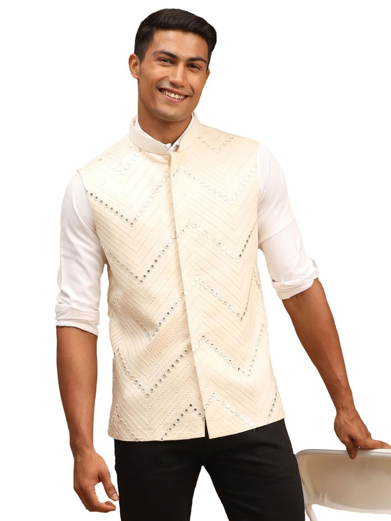 VASTRAMAY Men's Cream Mirror Work Nehru Jacket | Mirror Work Chevron Pattern Chic Jacket For Men - Image 1