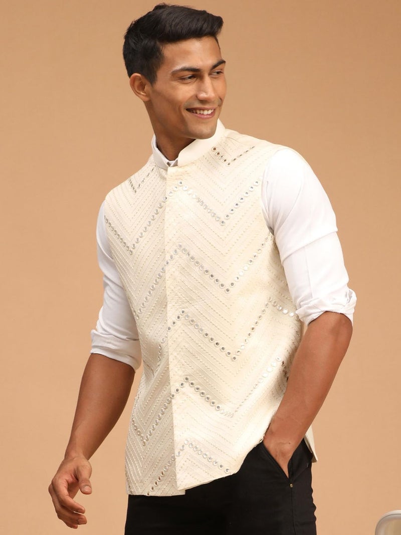 VASTRAMAY Men's Cream Mirror Work Nehru Jacket | Mirror Work Chevron Pattern Chic Jacket For Men - Image 2