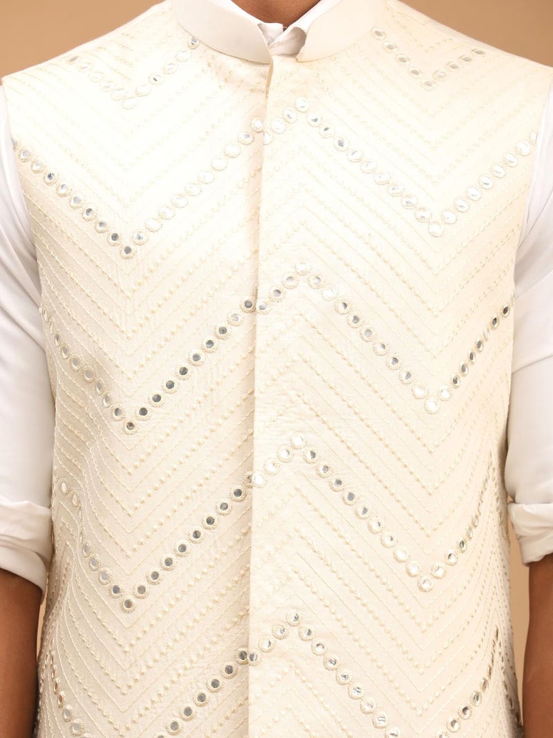 VASTRAMAY Men's Cream Mirror Work Nehru Jacket | Mirror Work Chevron Pattern Chic Jacket For Men - Image 4