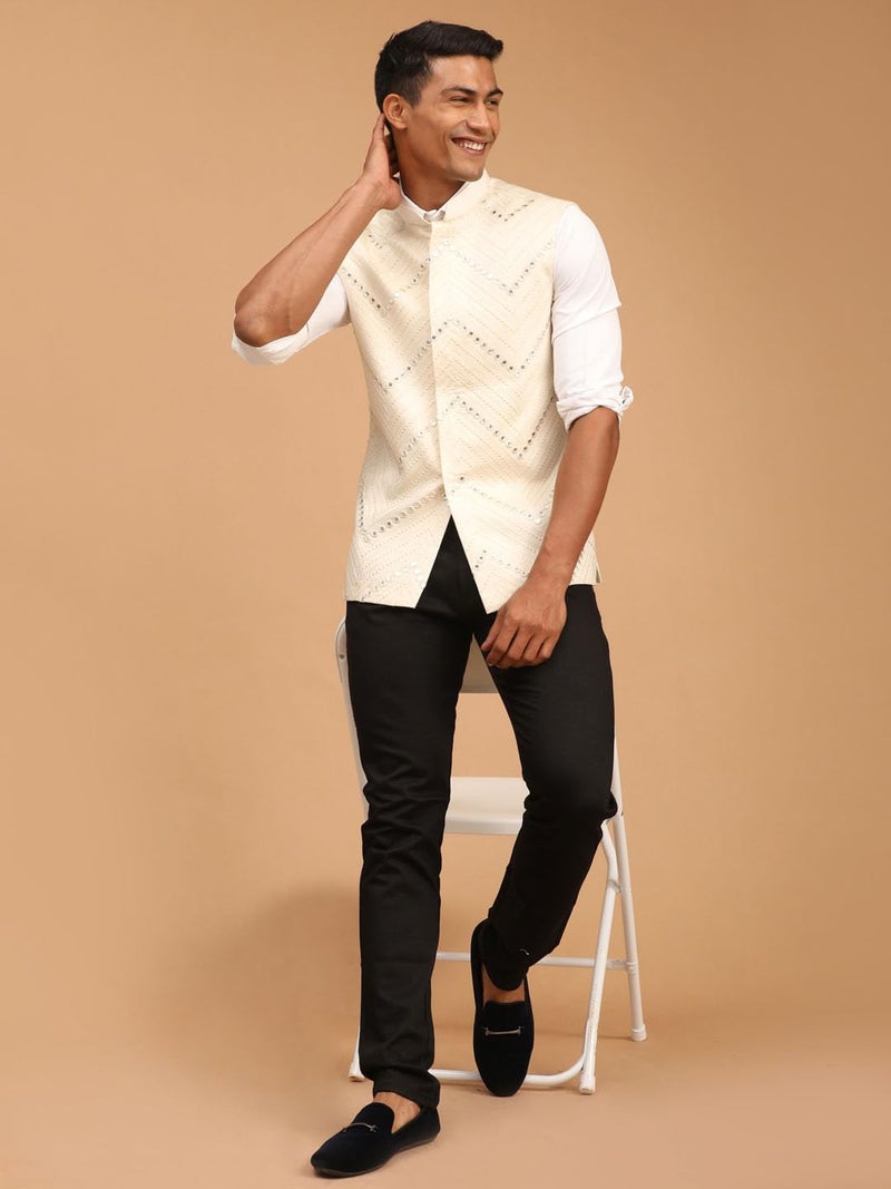 VASTRAMAY Men's Cream Mirror Work Nehru Jacket | Mirror Work Chevron Pattern Chic Jacket For Men - Image 5