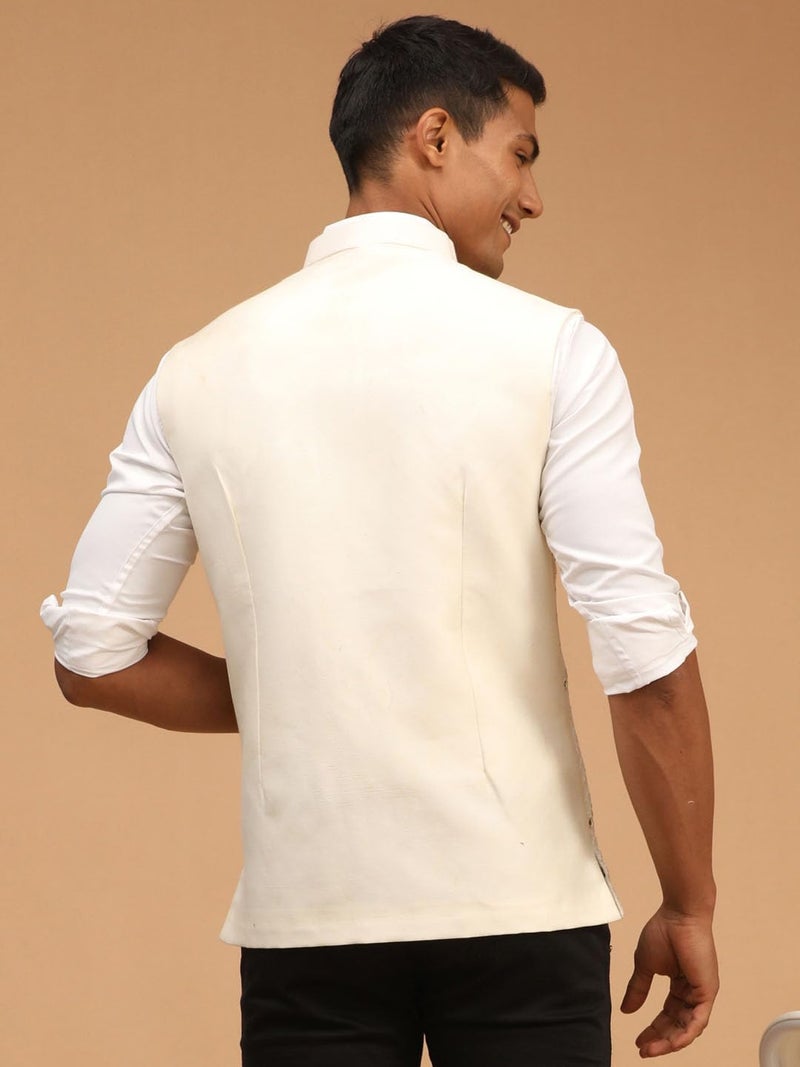 VASTRAMAY Men's Cream Mirror Work Nehru Jacket | Mirror Work Chevron Pattern Chic Jacket For Men - Image 3