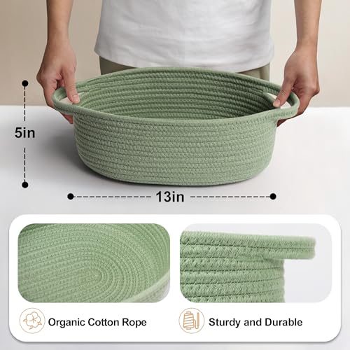 MEGASKET Green Woven Basket 13 x 9 x 5 Baskets for Gifts Empty Cute Cotton Rope Cat Dog Toy Bin Box Small Woven Bin for Organizing Green Room Decor Nursery Baby Cloth Diaper Storage Organizer - Image 3