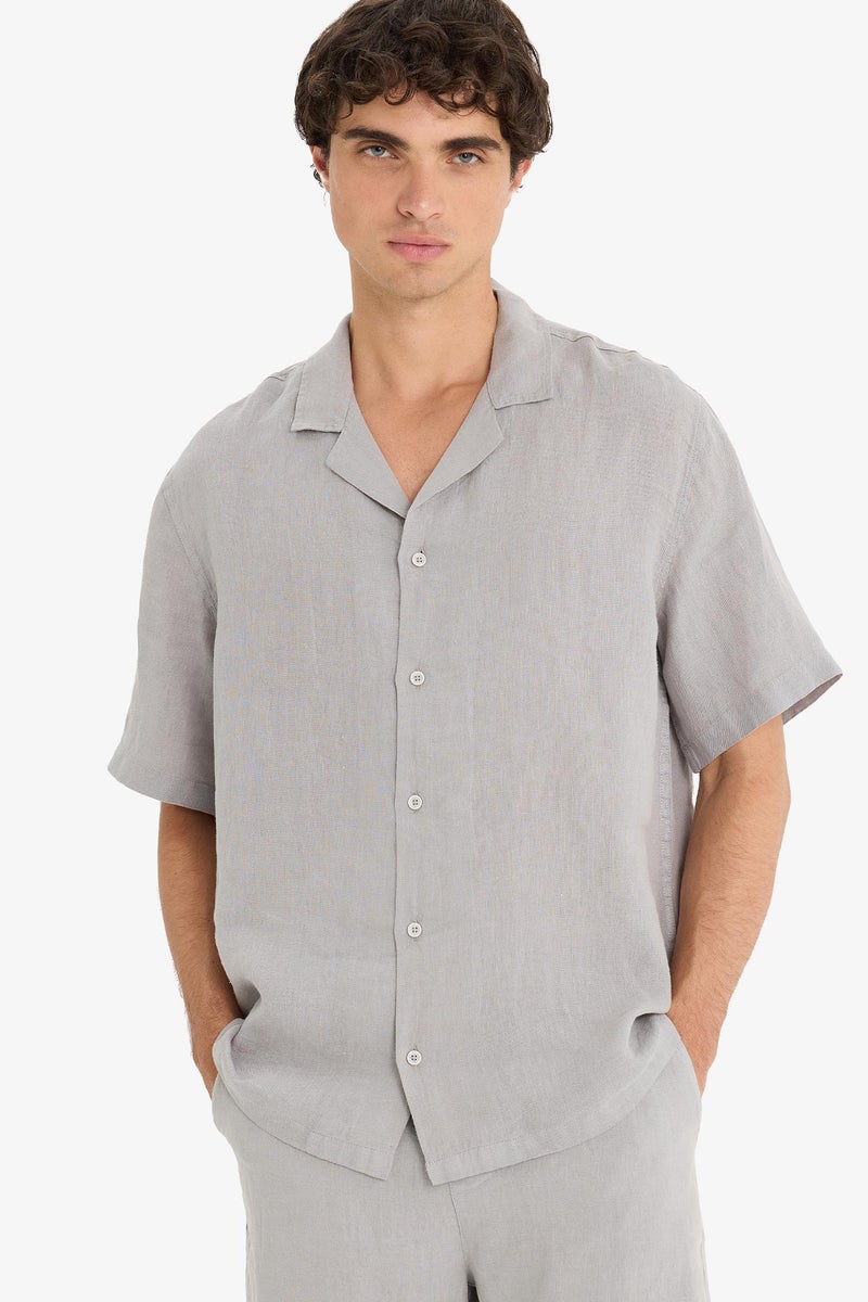 DeFacto Grey Man Linen Relax Fit Open Neck Short Sleeve Shirt Casual - Image 1