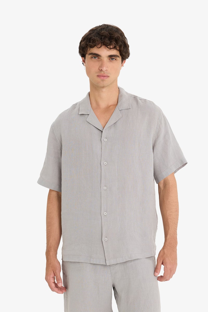 DeFacto Grey Man Linen Relax Fit Open Neck Short Sleeve Shirt Casual - Image 5