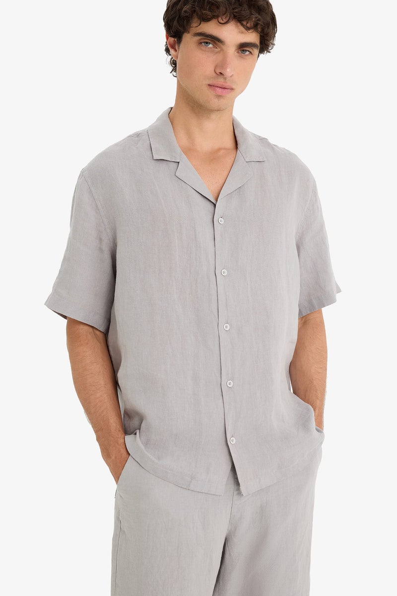 DeFacto Grey Man Linen Relax Fit Open Neck Short Sleeve Shirt Casual - Image 3