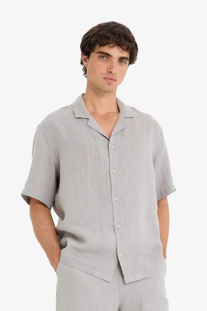 DeFacto Grey Man Linen Relax Fit Open Neck Short Sleeve Shirt Casual - Image 4