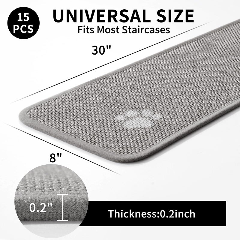 YDKGL Stair Treads Non Slip Indoor 15PCS, Rubber Backing Stair Runner Rugs for Wooden Steps, Residue Free Stair Carpet Treads for Kids Elders and Pets, Machine Washable Stair Mats, Gray, 8" x 30" - Image 2