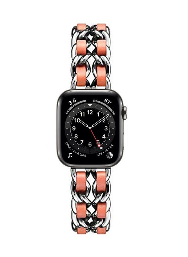 NIBEMINENT Chain Leather Replacement Band For Apple Watch Series 6/SE/5/4/3/2/1 Silver Orange