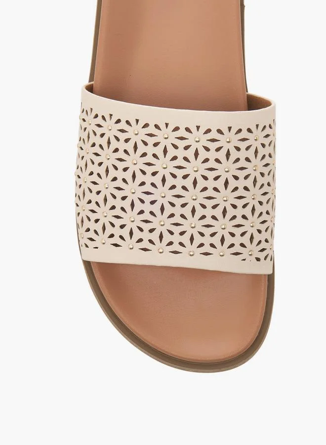 Celeste IVORY Women Laser Cut Textured Flat Sandals for Women | Best Price UAE