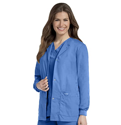 Landau Essentials Relaxed Fit 4-Pocket Snap-Front Scrub Jacket for Women 7525 Ceil Blue - Image 1