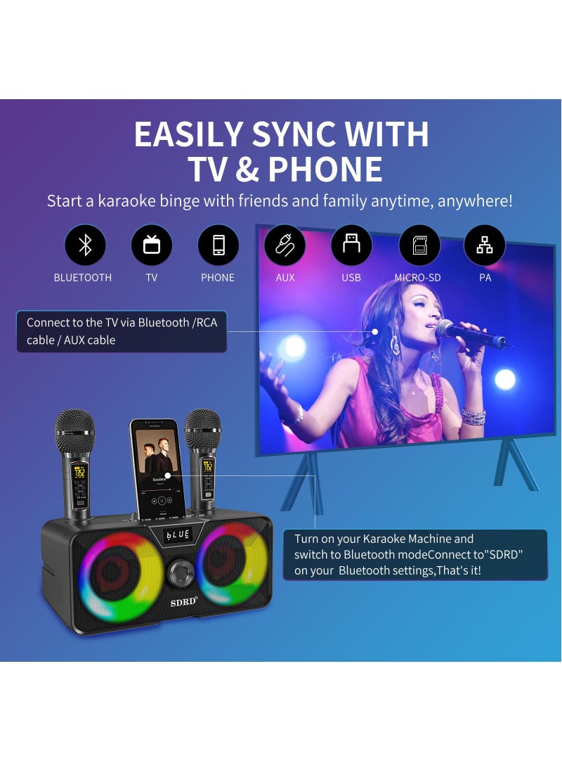 SDRD Karaoke Machine with 2 UHF Wireless Microphones, Portable Bluetooth Speaker - Image 2