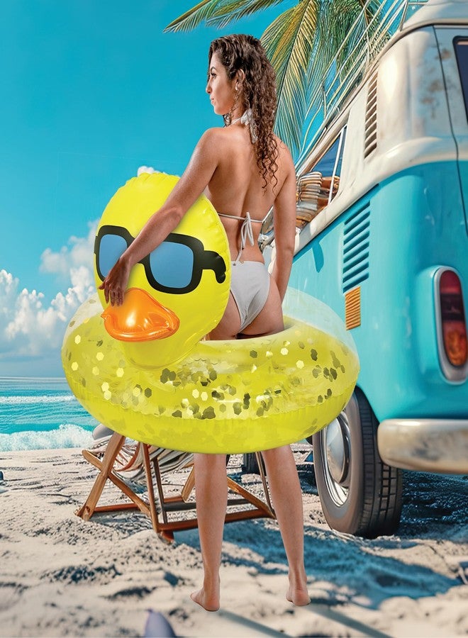 POZA Inflatable Duck Pool Float Tube - Heavy Duty Vinyl UV Resistant Confetti Pool Duck Floatie, Animal Pool Float Swim Ring Pool Inflatables for Kids, Adults for Beach, Party, Vacation - Yellow Gold - Image 4