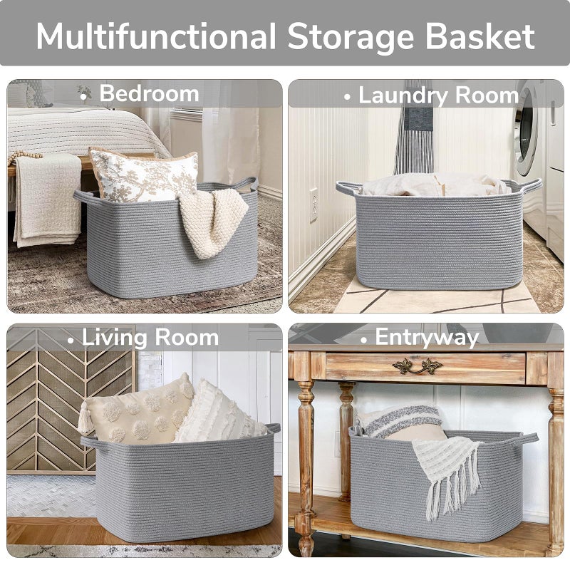 Goodpick Large Toy Basket for Blankets, Baby Laundry Basket, Storage Baskets for Organizing, Laundry Hamper for Dirty Clothes, Towel, Woven Rope Storage Baskets, 21.6" x 14.9" x 11.8", Gray - Image 4