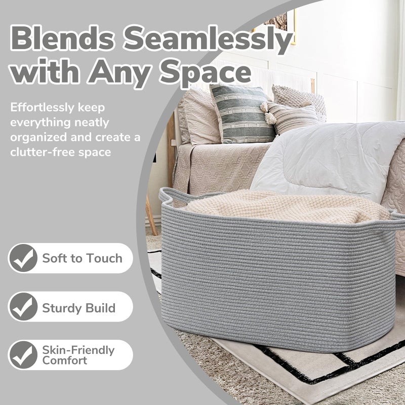 Goodpick Large Toy Basket for Blankets, Baby Laundry Basket, Storage Baskets for Organizing, Laundry Hamper for Dirty Clothes, Towel, Woven Rope Storage Baskets, 21.6" x 14.9" x 11.8", Gray - Image 5