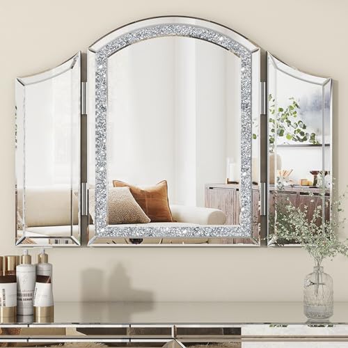blingworld 3Way Mirror, Trifold Vanity Mirror 32"x24" Large Arch Mirror Luxury Makeup with Crushed Diamond for Home Decor Modern Framless Mirror with Bevled Hangable on The Wall for Bedroom - Image 3