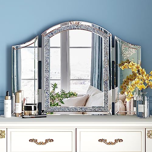 blingworld 3Way Mirror, Trifold Vanity Mirror 32"x24" Large Arch Mirror Luxury Makeup with Crushed Diamond for Home Decor Modern Framless Mirror with Bevled Hangable on The Wall for Bedroom - Image 1