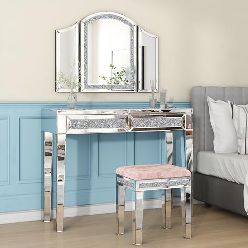 blingworld 3Way Mirror, Trifold Vanity Mirror 32"x24" Large Arch Mirror Luxury Makeup with Crushed Diamond for Home Decor Modern Framless Mirror with Bevled Hangable on The Wall for Bedroom - Image 5