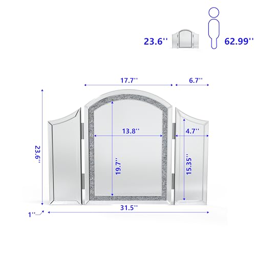 blingworld 3Way Mirror, Trifold Vanity Mirror 32"x24" Large Arch Mirror Luxury Makeup with Crushed Diamond for Home Decor Modern Framless Mirror with Bevled Hangable on The Wall for Bedroom - Image 2