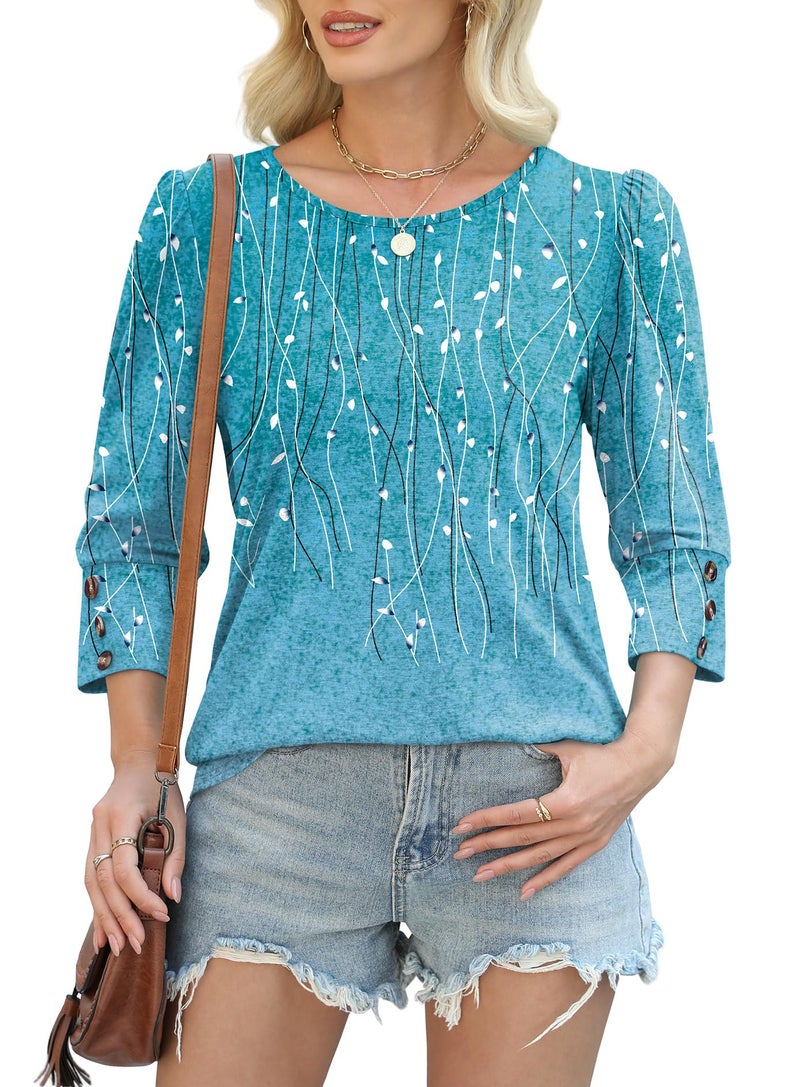 OFEEFAN Summer Tops for Women's Clothing Plus Size 3/4 Length Sleeve Boho Tops Ladies Blouses Cute Beach Fashion Loose Fit Blue Stripes L - Image 3