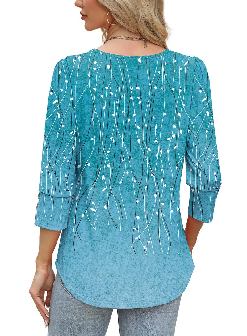 OFEEFAN Summer Tops for Women's Clothing Plus Size 3/4 Length Sleeve Boho Tops Ladies Blouses Cute Beach Fashion Loose Fit Blue Stripes L - Image 5