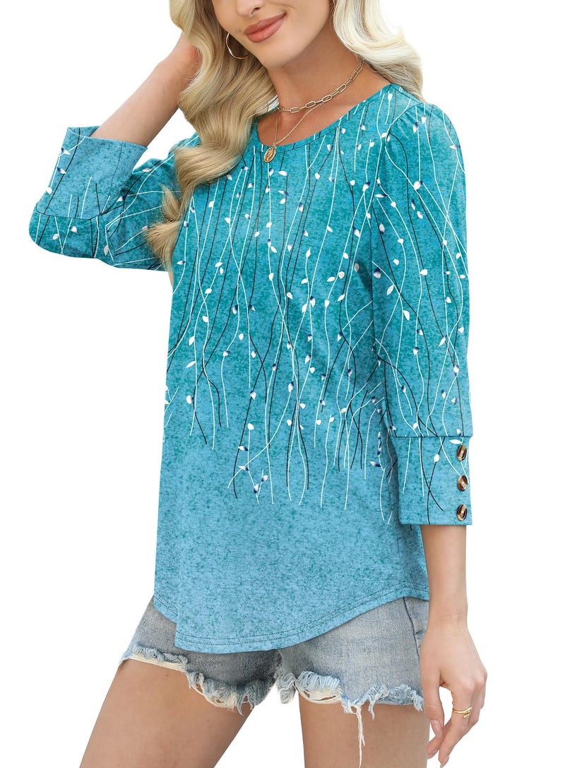 OFEEFAN Summer Tops for Women's Clothing Plus Size 3/4 Length Sleeve Boho Tops Ladies Blouses Cute Beach Fashion Loose Fit Blue Stripes L - Image 4