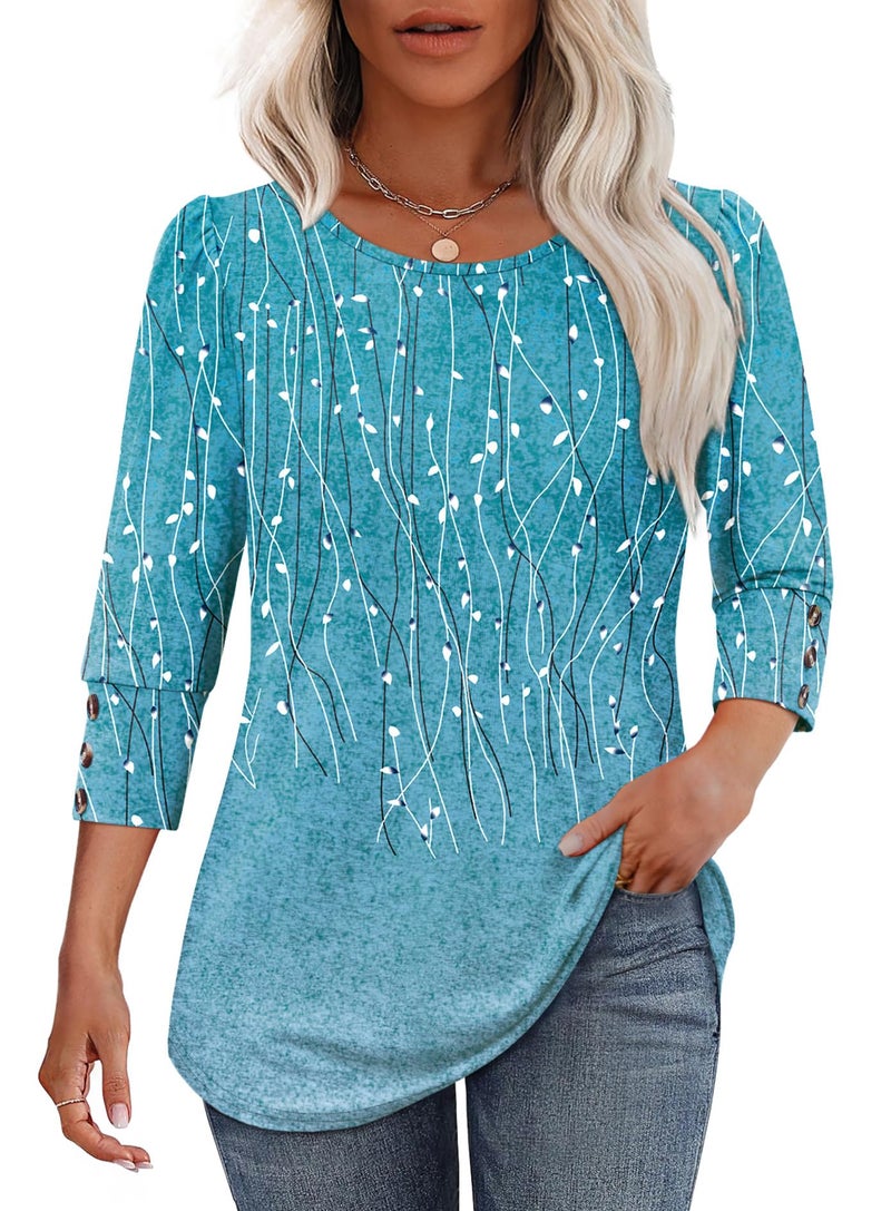 OFEEFAN Summer Tops for Women's Clothing Plus Size 3/4 Length Sleeve Boho Tops Ladies Blouses Cute Beach Fashion Loose Fit Blue Stripes L - Image 2