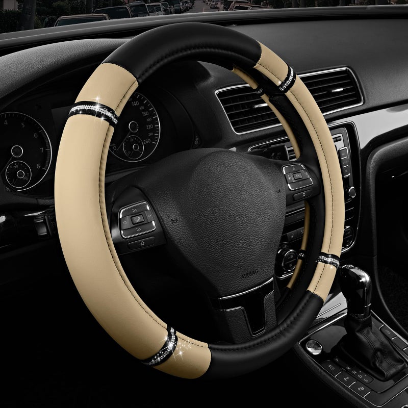 Road Comforts Road Comfort Leather Steering Wheel Cover â€“ Premium Anti-Slip Car Steering Wheel Grip Cover â€“ Universal Fit for 14.5â€â€“15.5â€ Cars, Trucks & SUVs - Beige - Image 1