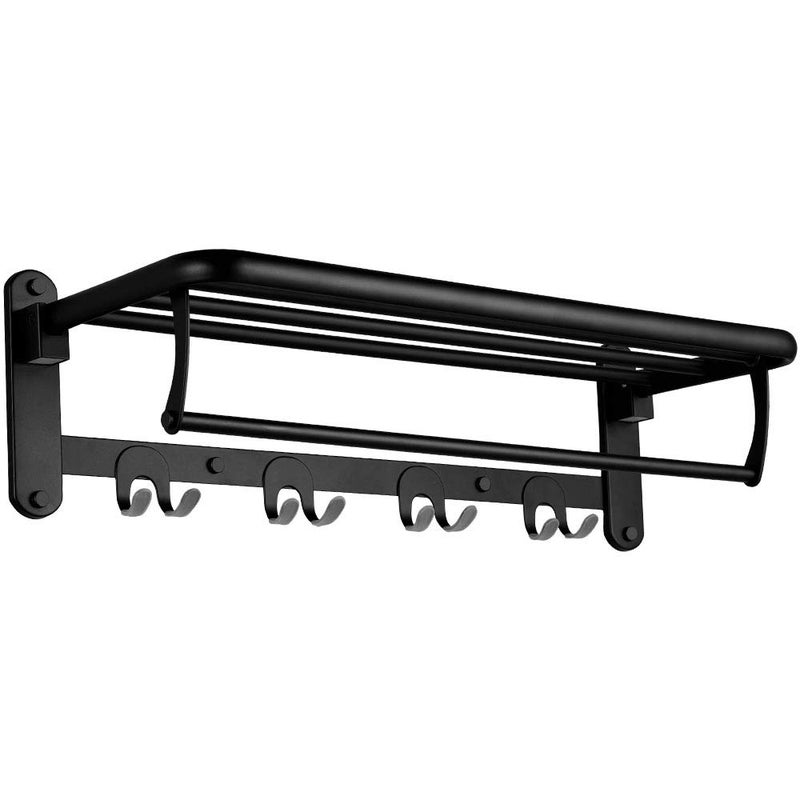 HOONEX Foldable Towel Rack for Bathroom Wall Mounted with Towel Hooks and Adjustable Towel Bar 304 Stainless Towel Holder 24Inch Bathroom Towel Shelf Black
