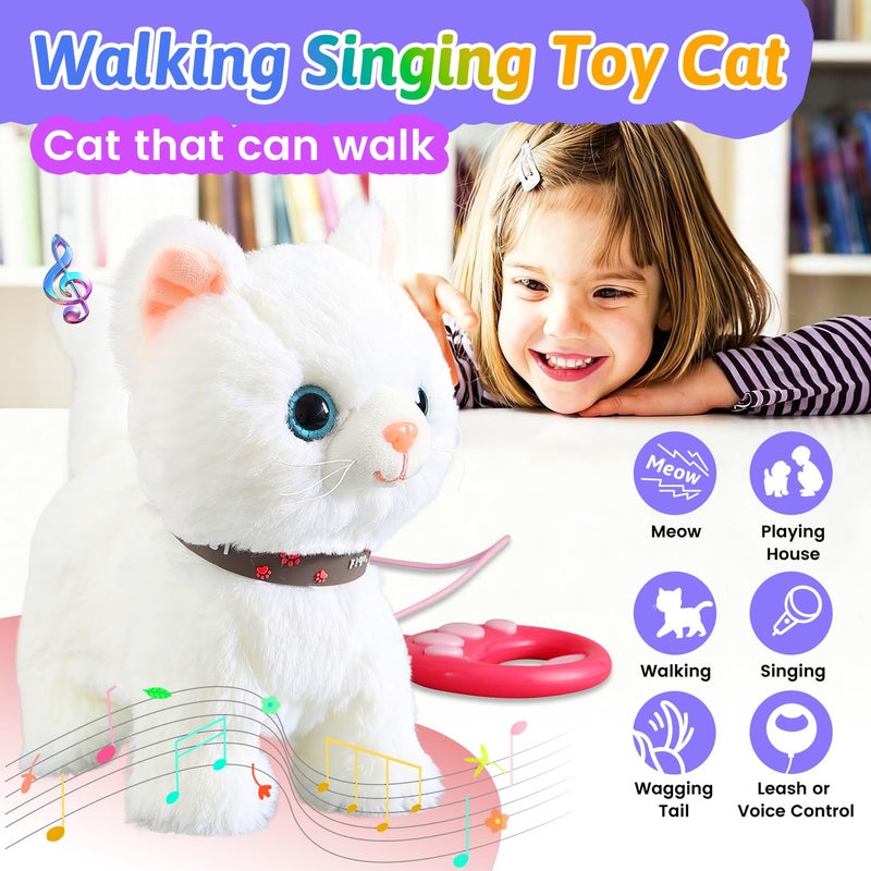Marsjoy White Leash Walking Cat Set Singing That Purrs and Meows Animated Plush Robot Kitten Pet Moving Plush Realistic Stuffed Animal Remote Control Cute Kawai Robotic Kitty Toy for Kid - Image 2