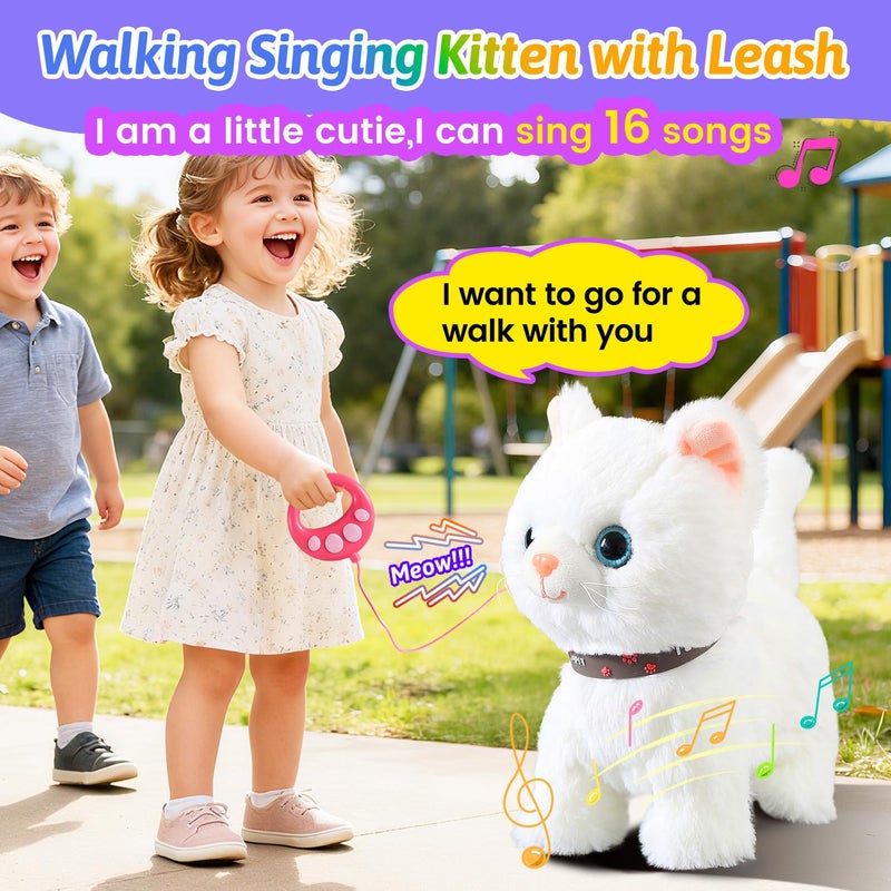 Marsjoy White Leash Walking Cat Set Singing That Purrs and Meows Animated Plush Robot Kitten Pet Moving Plush Realistic Stuffed Animal Remote Control Cute Kawai Robotic Kitty Toy for Kid - Image 3