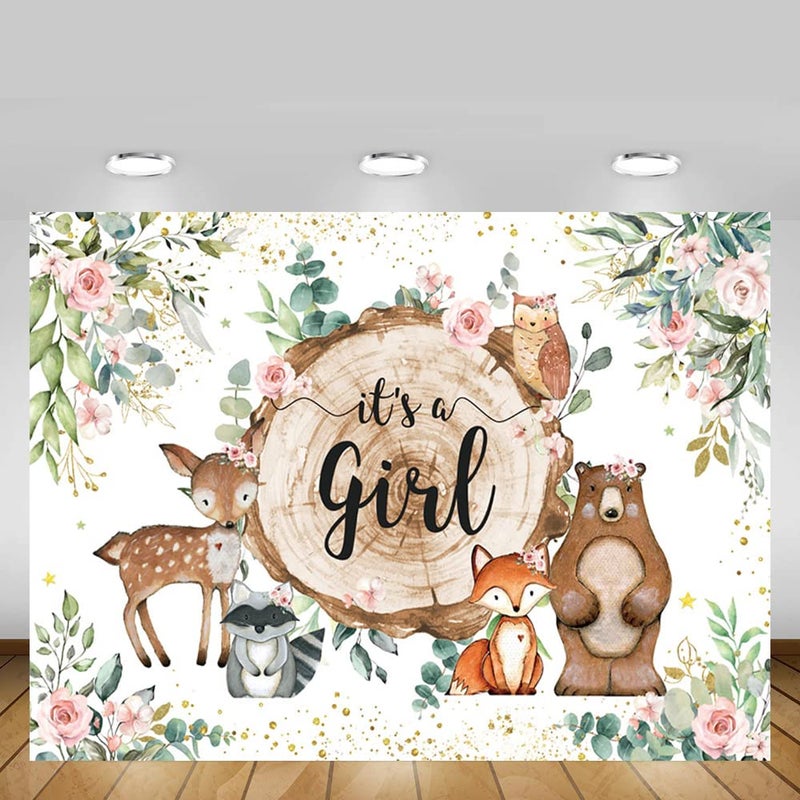 MEHOFOND It's A Girl Baby Shower Backdrop Woodland Baby Shower Decorations Jungle Animals Watercolor Eucalyptus Pink Floral Photography Background Newborn Portrait Photo Banner 7x5ft - Image 5