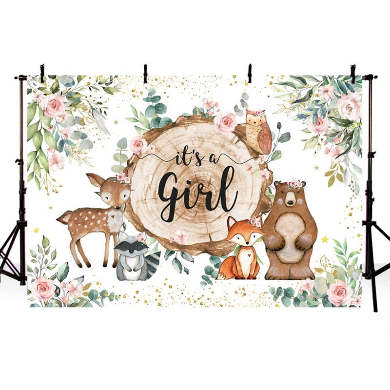 MEHOFOND It's A Girl Baby Shower Backdrop Woodland Baby Shower Decorations Jungle Animals Watercolor Eucalyptus Pink Floral Photography Background Newborn Portrait Photo Banner 7x5ft - Image 2