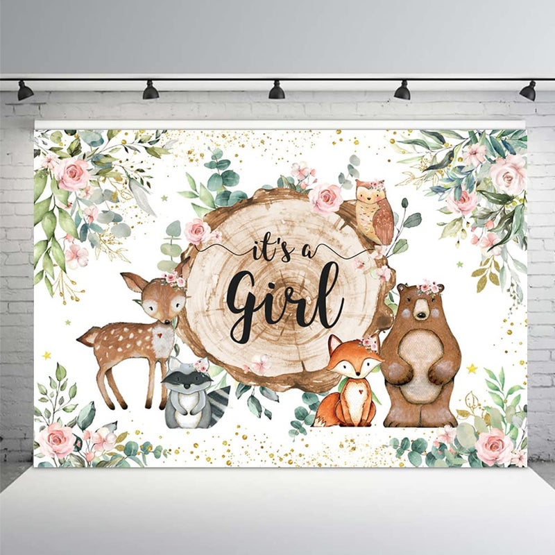 MEHOFOND It's A Girl Baby Shower Backdrop Woodland Baby Shower Decorations Jungle Animals Watercolor Eucalyptus Pink Floral Photography Background Newborn Portrait Photo Banner 7x5ft - Image 1