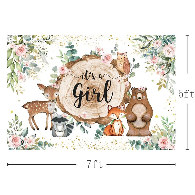 MEHOFOND It's A Girl Baby Shower Backdrop Woodland Baby Shower Decorations Jungle Animals Watercolor Eucalyptus Pink Floral Photography Background Newborn Portrait Photo Banner 7x5ft - Image 3