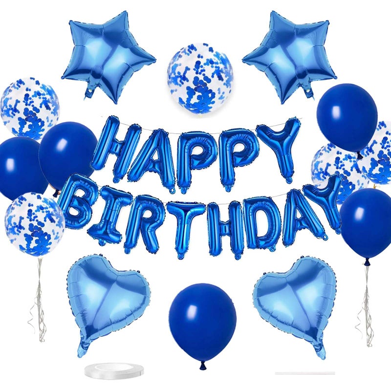 WEIKA 27 Pcs Dark Blue Birthday Decorations, 3D Foil Dark Blue Happy Birthday Balloon Banner, Pentagram Heart Foil Balloons Confetti Balloons Kit For Boys Girls Birthday Party Supplies - Image 1
