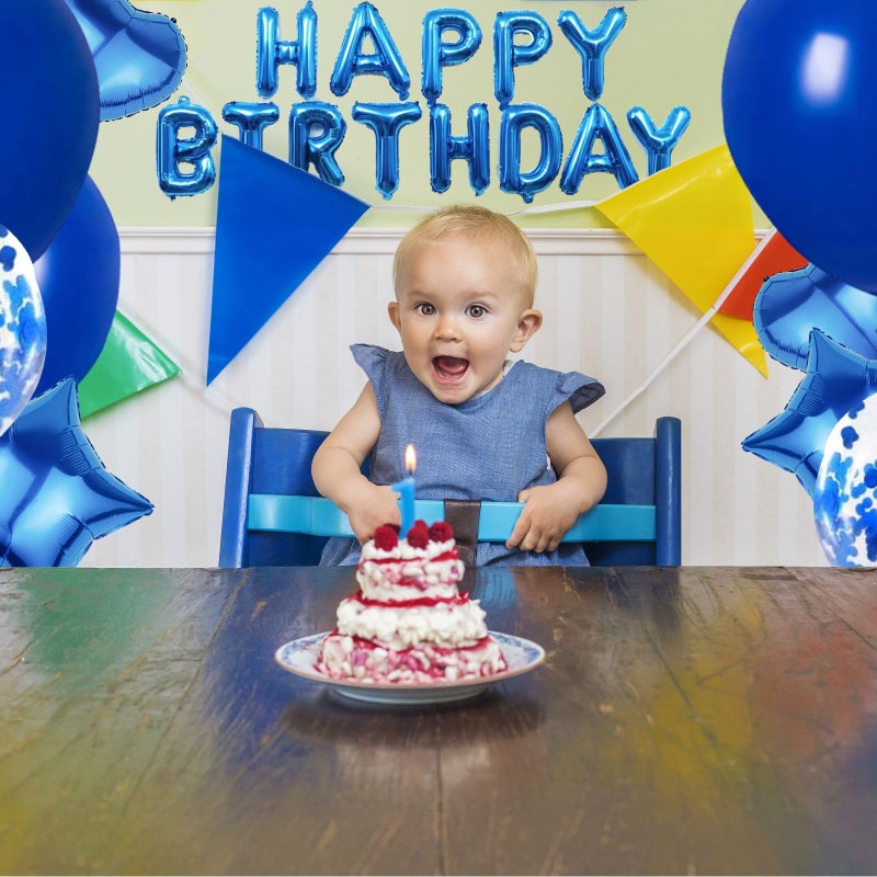 WEIKA 27 Pcs Dark Blue Birthday Decorations, 3D Foil Dark Blue Happy Birthday Balloon Banner, Pentagram Heart Foil Balloons Confetti Balloons Kit For Boys Girls Birthday Party Supplies - Image 2