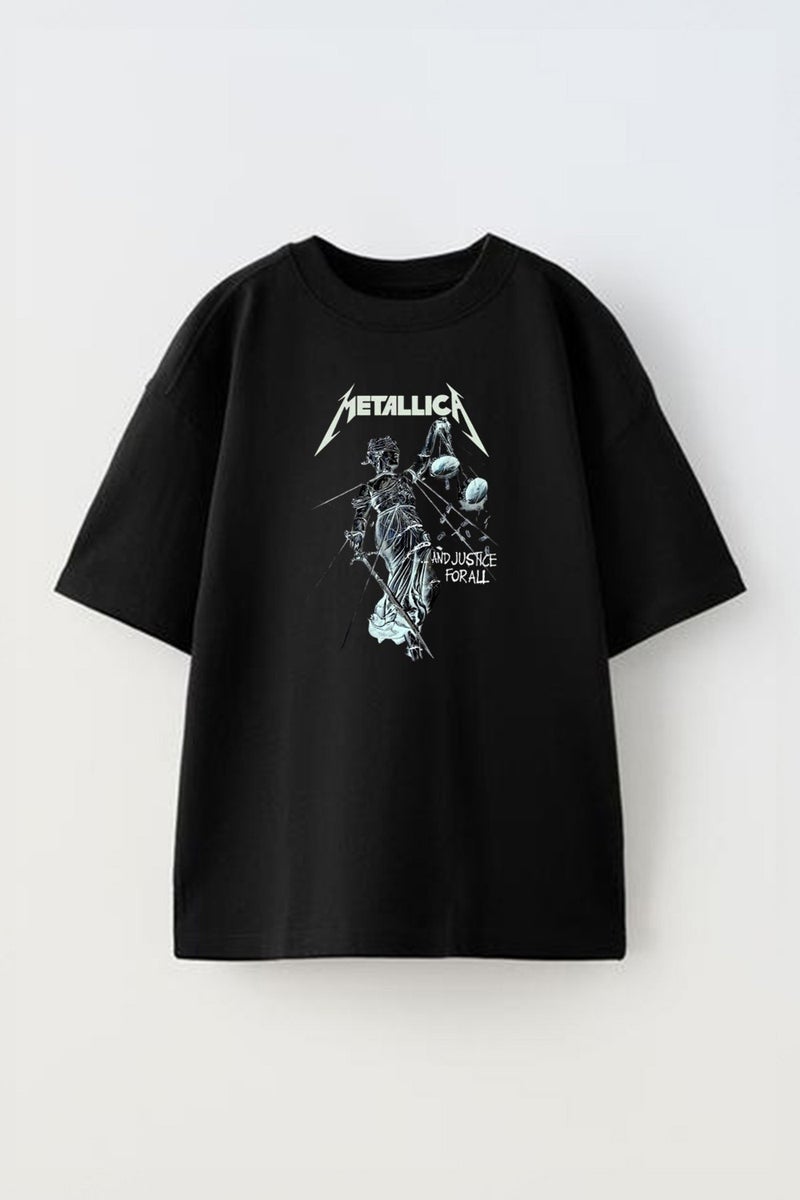 The Wert Unisex Metallica And Justce For All Design Printed Cotton Black Oversize T-Shirt  - Image 1