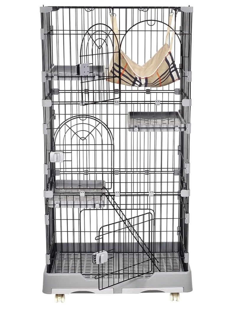 NNC PETS Large cat cage, 3-Tier kitten cage for multiple cats with hammock, wide perch, slide-out tray, climbing ladder, and universal wheels, Durable metal wire cage 145 cm (Black/Grey) - Image 1