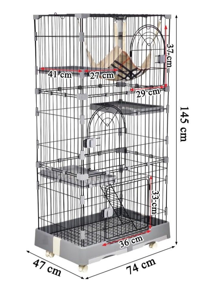 NNC PETS Large cat cage, 3-Tier kitten cage for multiple cats with hammock, wide perch, slide-out tray, climbing ladder, and universal wheels, Durable metal wire cage 145 cm (Black/Grey) - Image 2