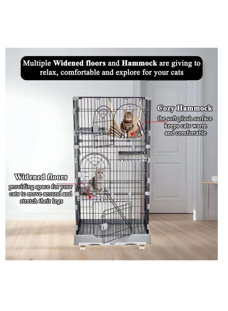 NNC PETS Large cat cage, 3-Tier kitten cage for multiple cats with hammock, wide perch, slide-out tray, climbing ladder, and universal wheels, Durable metal wire cage 145 cm (Black/Grey) - Image 4