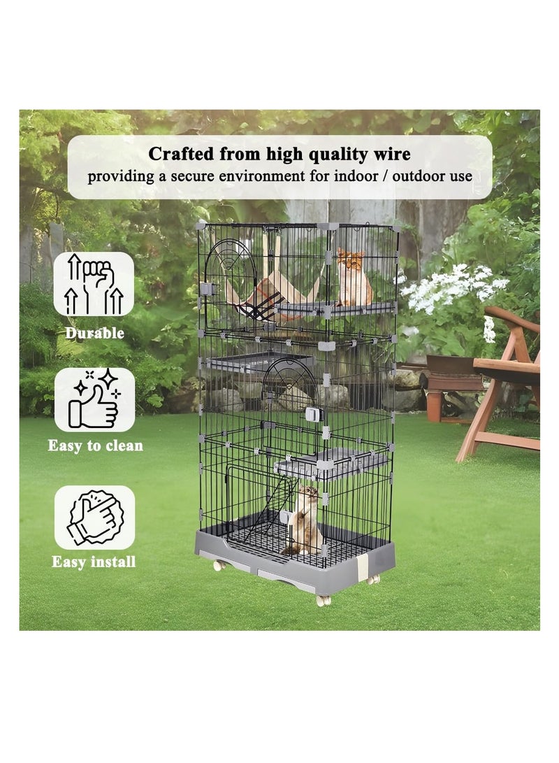 NNC PETS Large cat cage, 3-Tier kitten cage for multiple cats with hammock, wide perch, slide-out tray, climbing ladder, and universal wheels, Durable metal wire cage 145 cm (Black/Grey) - Image 5