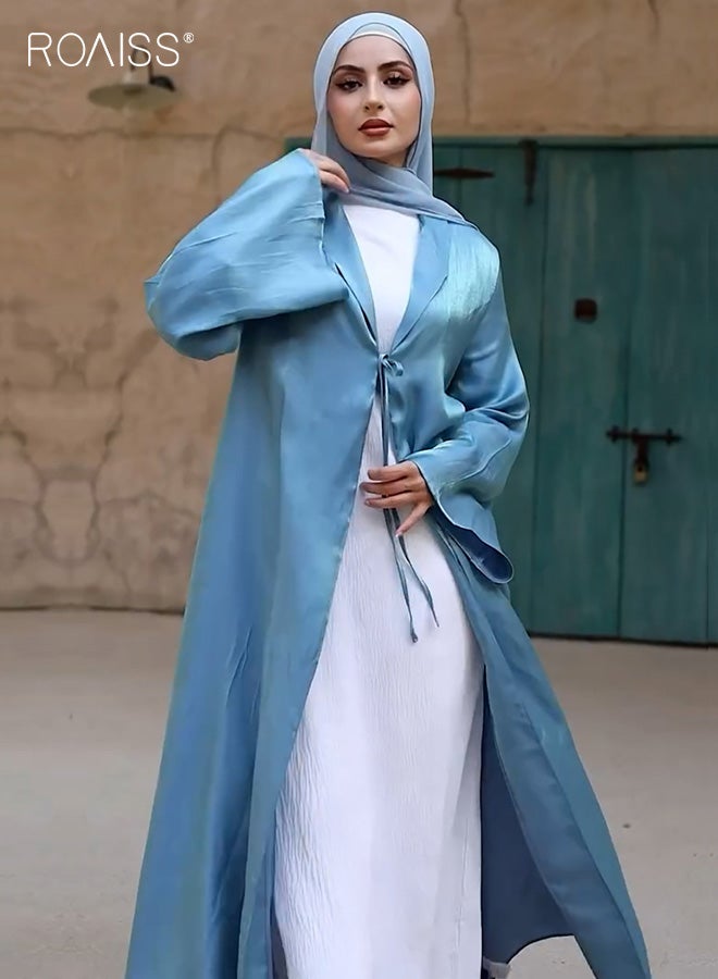 رويس عباية إسلامية نسائية، فستان ماكسي برباط أمامي وفتحة رقبة على شكل حرف V، كارديجان حريري بأكمام جرسية واسعة للارتداء اليومي، أزرق، مقاسات من M إلى XL - Image 1