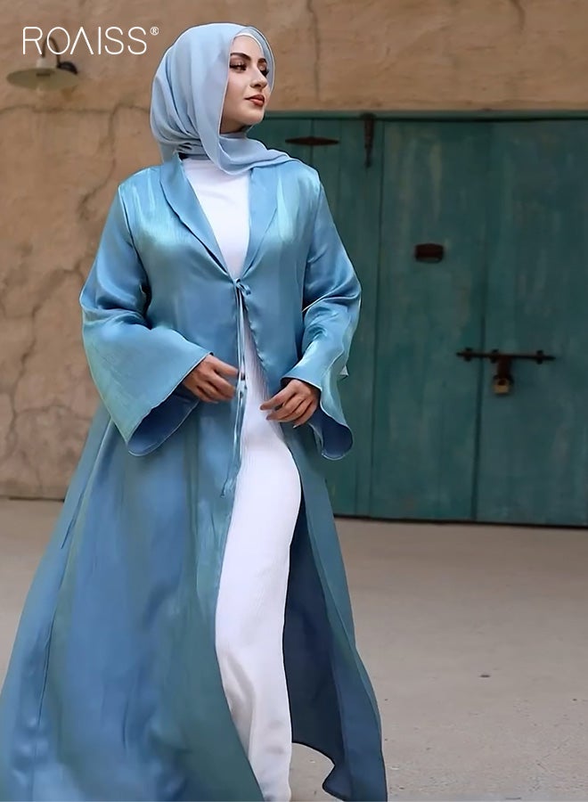 رويس عباية إسلامية نسائية، فستان ماكسي برباط أمامي وفتحة رقبة على شكل حرف V، كارديجان حريري بأكمام جرسية واسعة للارتداء اليومي، أزرق، مقاسات من M إلى XL - Image 3