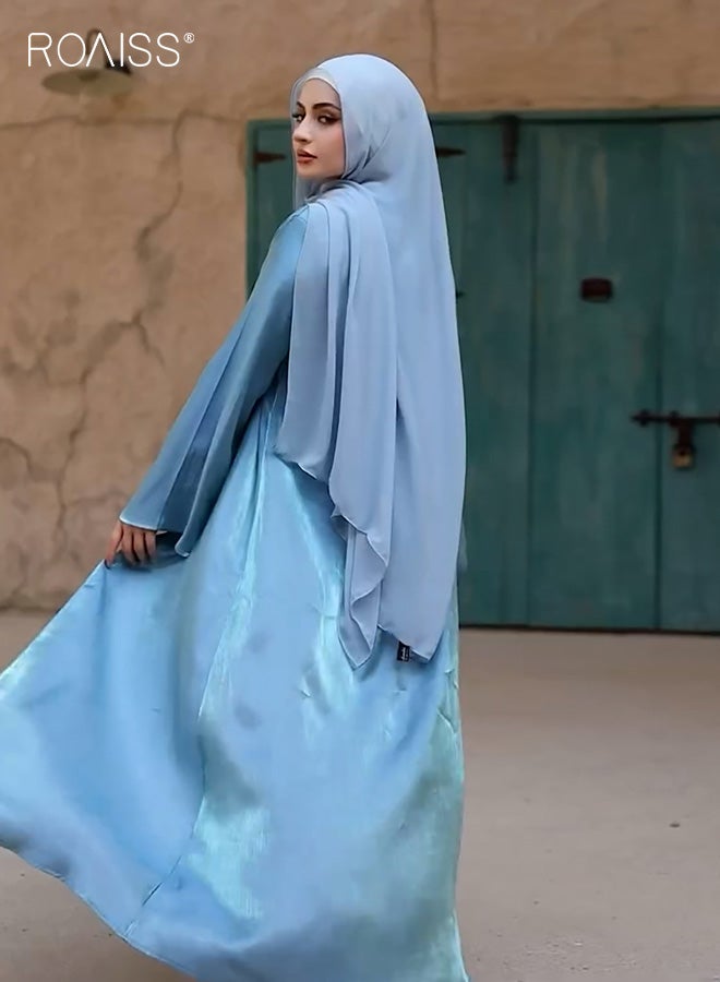 رويس عباية إسلامية نسائية، فستان ماكسي برباط أمامي وفتحة رقبة على شكل حرف V، كارديجان حريري بأكمام جرسية واسعة للارتداء اليومي، أزرق، مقاسات من M إلى XL - Image 4