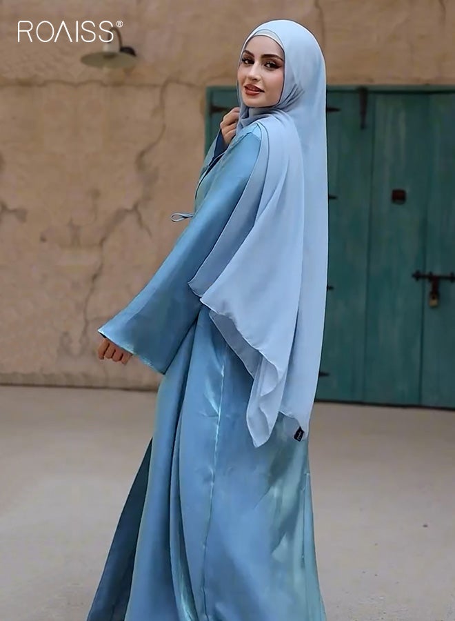 رويس عباية إسلامية نسائية، فستان ماكسي برباط أمامي وفتحة رقبة على شكل حرف V، كارديجان حريري بأكمام جرسية واسعة للارتداء اليومي، أزرق، مقاسات من M إلى XL - Image 5