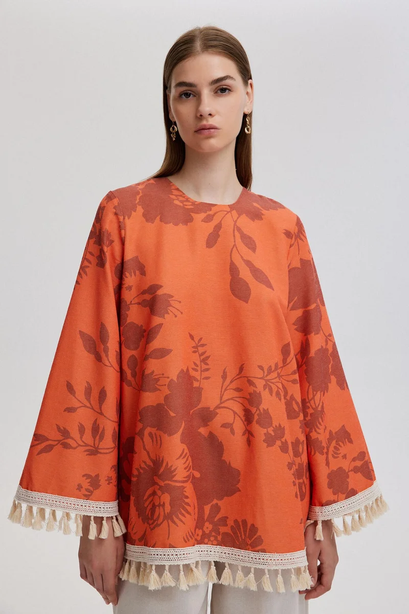 Touche Tassel Lace Detailed Natural Textured Tunic