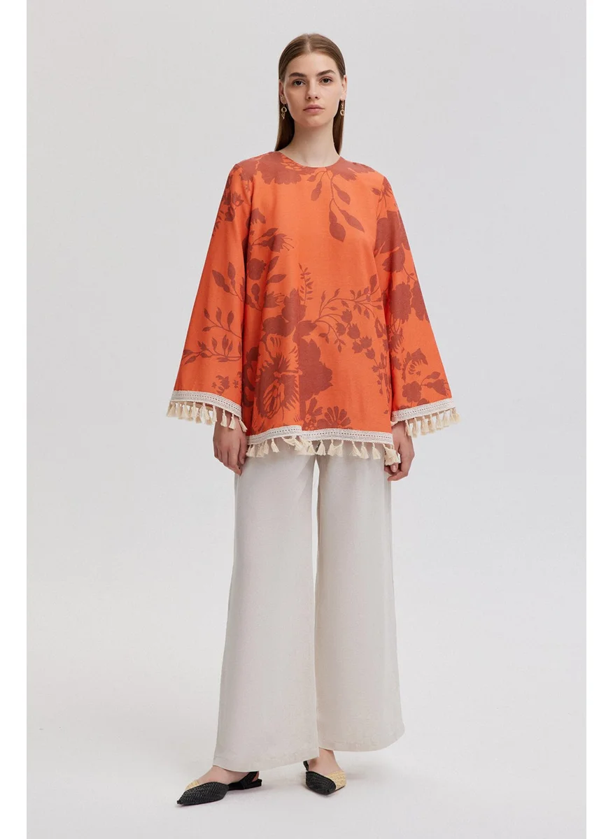 تاتشي Tassel Lace Detailed Natural Textured Tunic